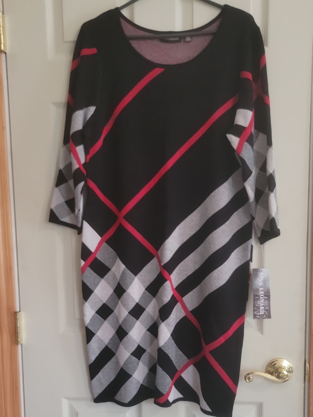 Nina Leonard Black Knit Midi Dress with Black,  Red and White Plaid Stripes